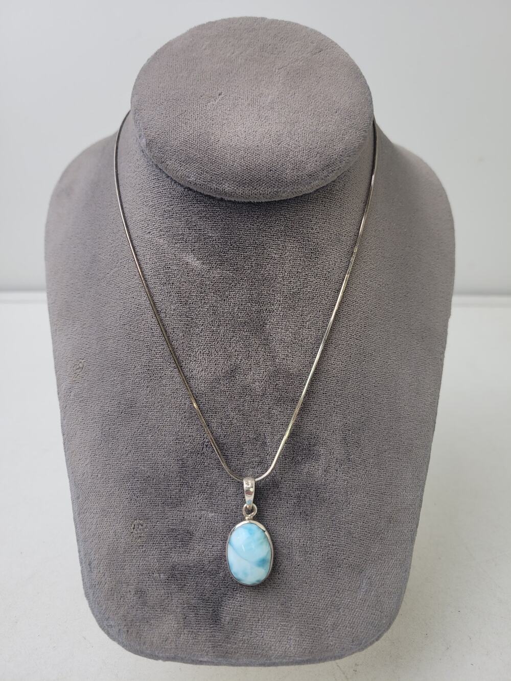 Natural Blue Larimar 30mm Long Oval Pendant on 16" Sterling Silver Chain
